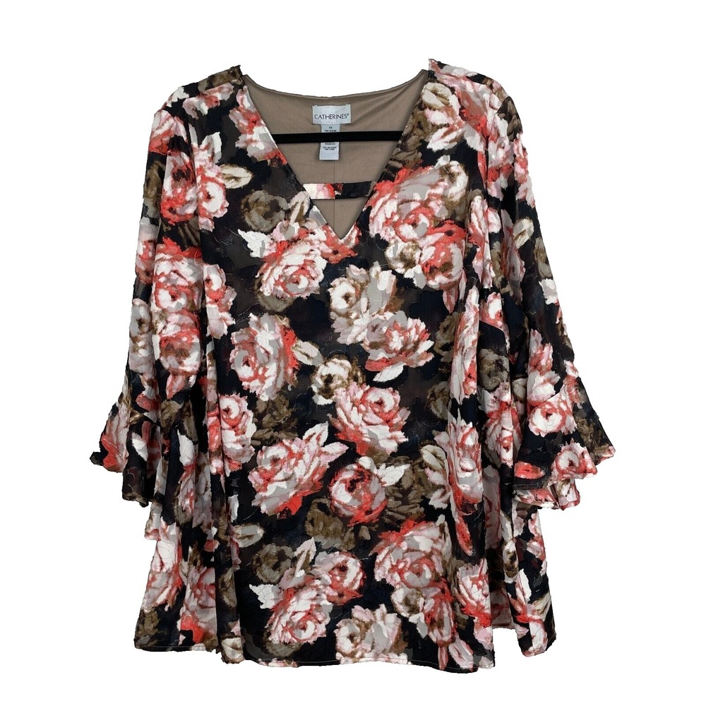 Catherine's‎ Blouse Womens 1X Floral Top V-Neck Flutter Sleeves Lined Romantic